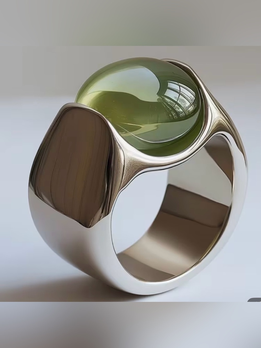 Silver Plated Ring with Olive Green Cabochon Stone Size 7 - Picture 4 of 4